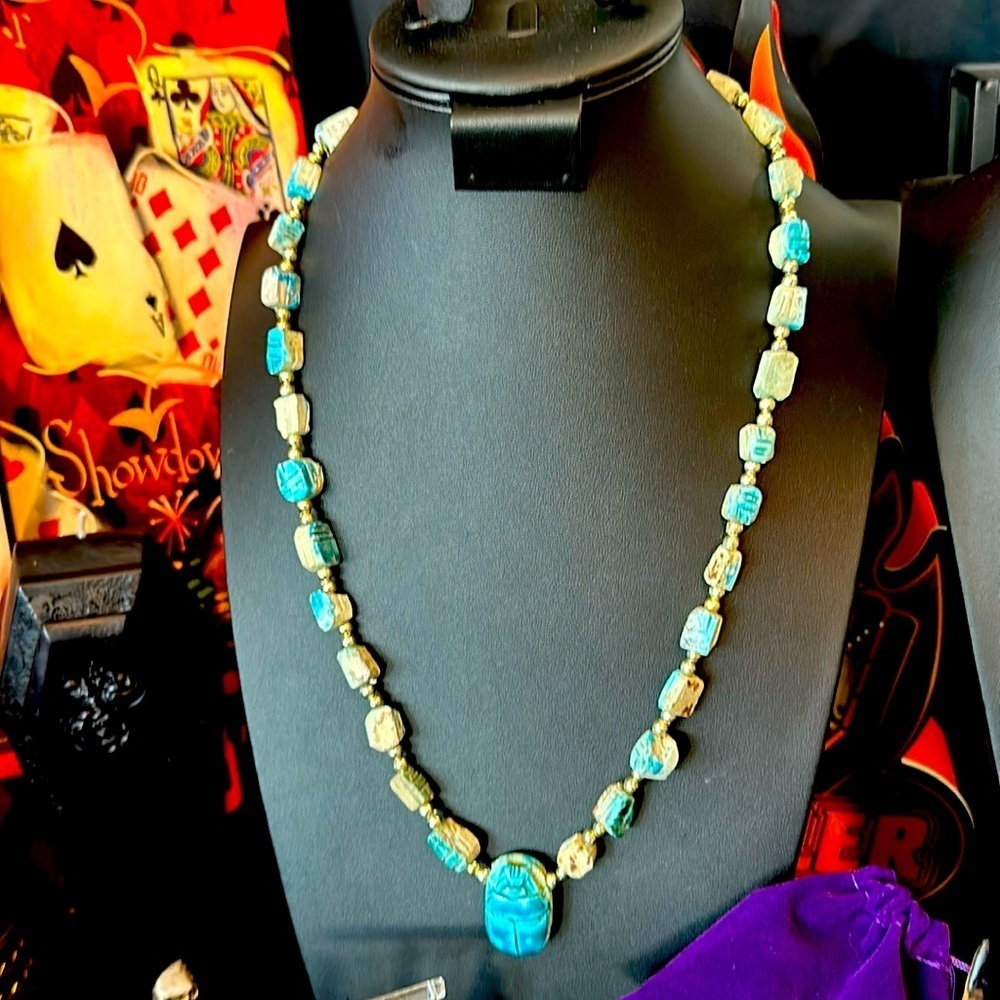 Vintage Blue Carved Soap Stone Scarab Beetle Egyptian Revival Necklace​​​